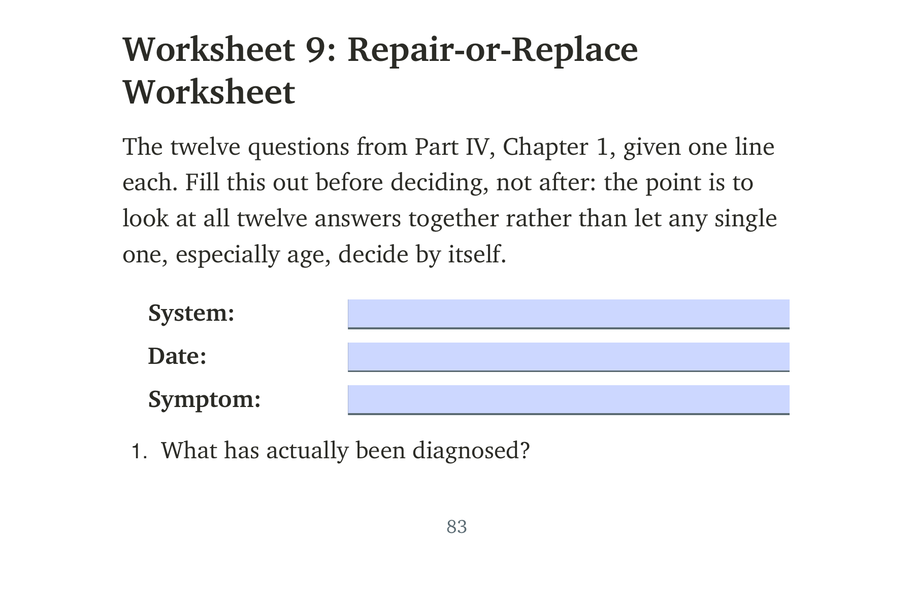 Repair-or-Replace worksheet page